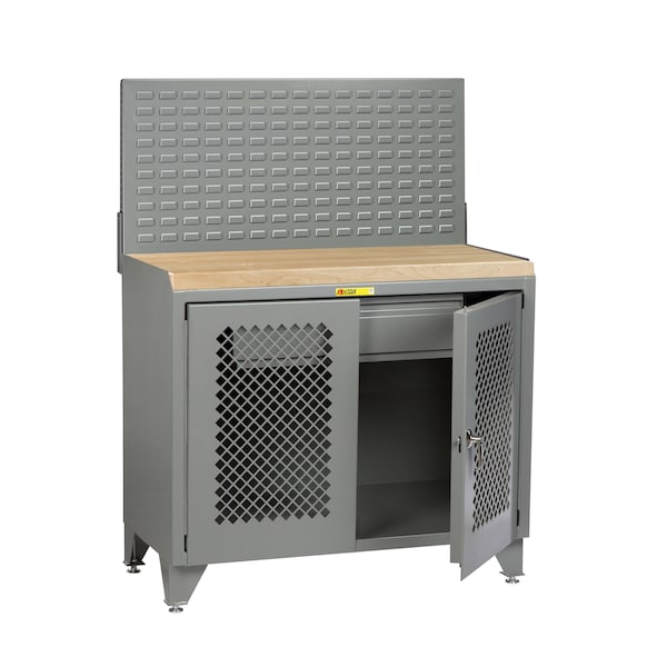 Bench Cabinet, 24" X 36", Perforated Doors, Butcher Block, Louvered